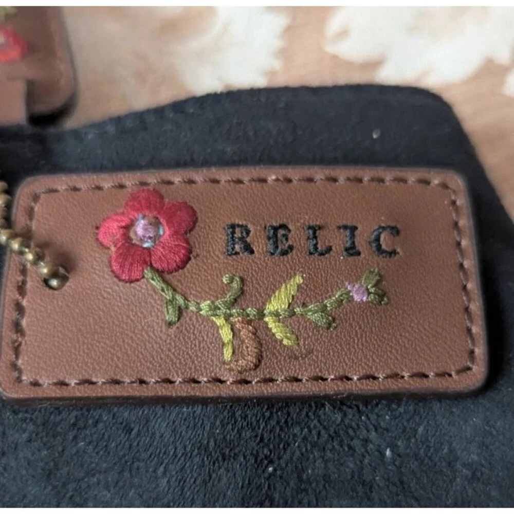 Relic Mini Black Suede Brown Leather Purse Embroidered Floral Boho Y2K Bag